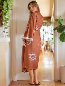 Lullawish Women's Elegant Long Sleeve Robe With Sun, Moon & Bubble Print, Fall, Winter - Multicolor - View 2