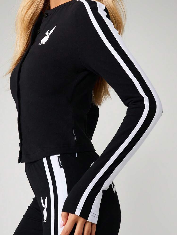 Missguided x Playboy Knopfverschluss Langarm Cardigan Top mit weißem Seitenstreifen Detail für Damen Freizeitmode