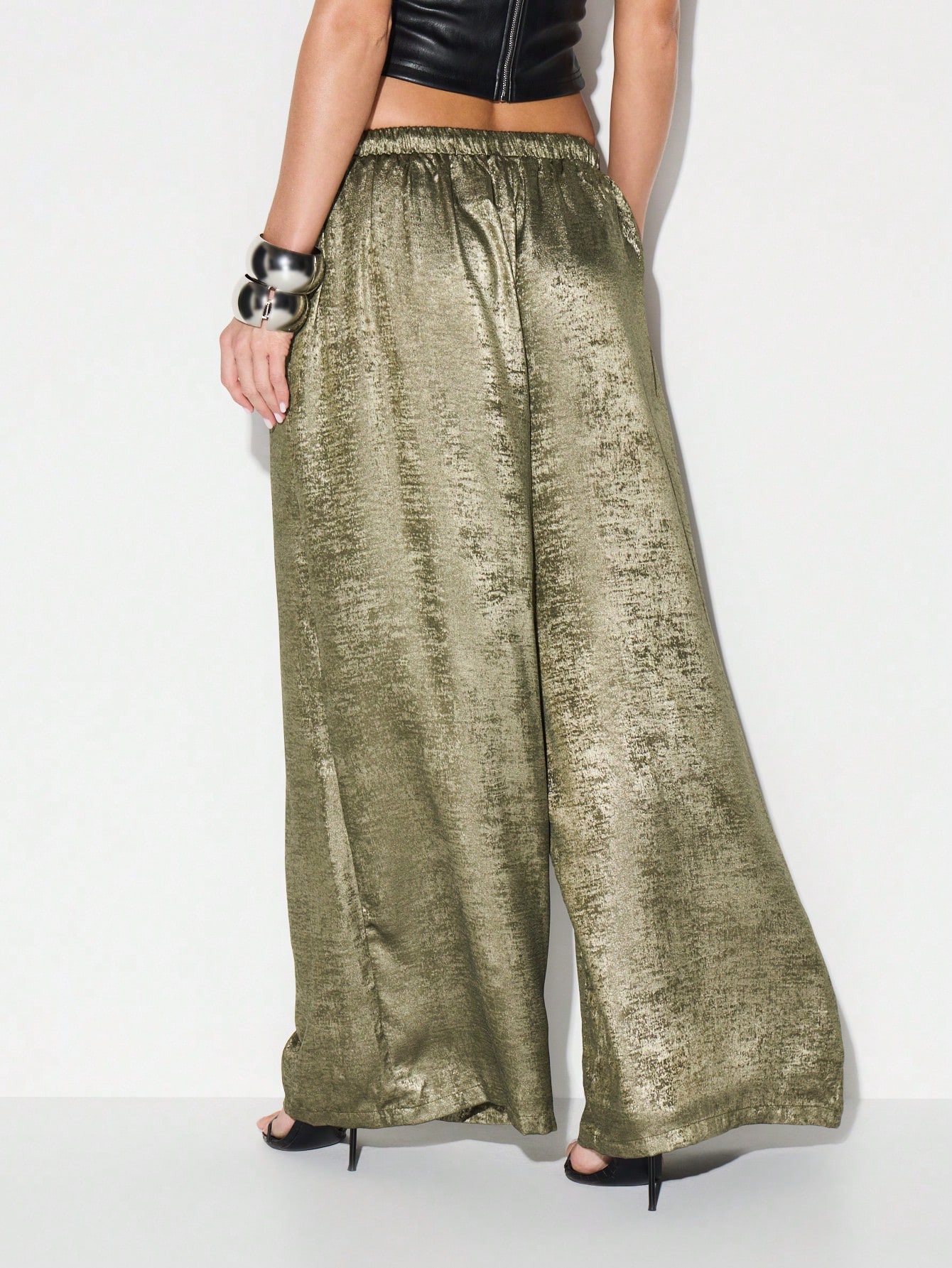 KIZN ドローストリング付きメタリックワイドレッグパラッツォパンツ