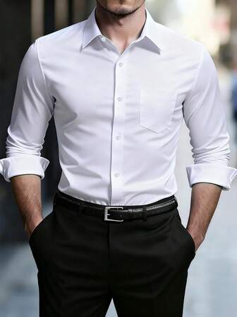 Manfinity Mode Camisa blanca clásica de manga larga y corte slim para hombre, de estilo casual y formal para trabajo, ideal para otoño