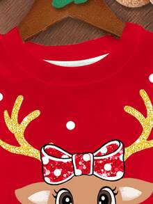 SHEIN Frohe Weihnachten, lässiger, minimalistischer Weihnachtspullover für Kleine Mädchen, süßer, lustiger Cartoon mit Rudolph, dem rotnasigen Rentier und gepunktetem Schneeflockenmuster, rot, festlich, lockere Passform, gemütlicher Rundhalsausschnitt, langärmeliges Strick-Sweatshirt, geeignet für Herbst/Winter, Weihnachtspullover für Kinder, Rentierpullover, roter Weihnachtspullover, Kleine Mädchen, Weihnachts-Sweatshirt, Pullover für Kinder, Kleine Mädchen