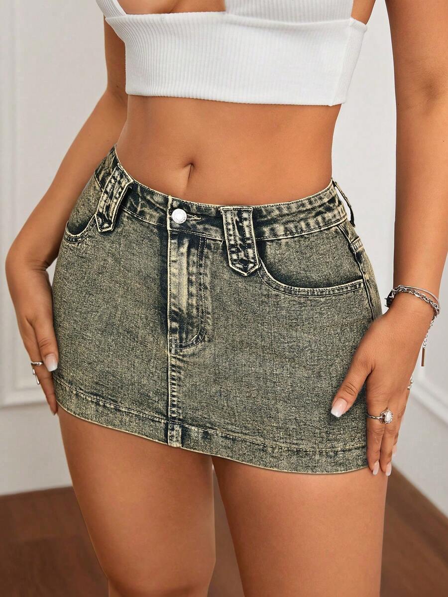 SHEIN Unity Váy denim mini giặt tay gợi cảm thời trang - Rửa trung bình - Xem 1