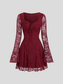 Sweetra Y2K Sexy Square Neck Pleated Flare Sleeve Versatile Commuter Dress, Christmas - Burgundy - View 1