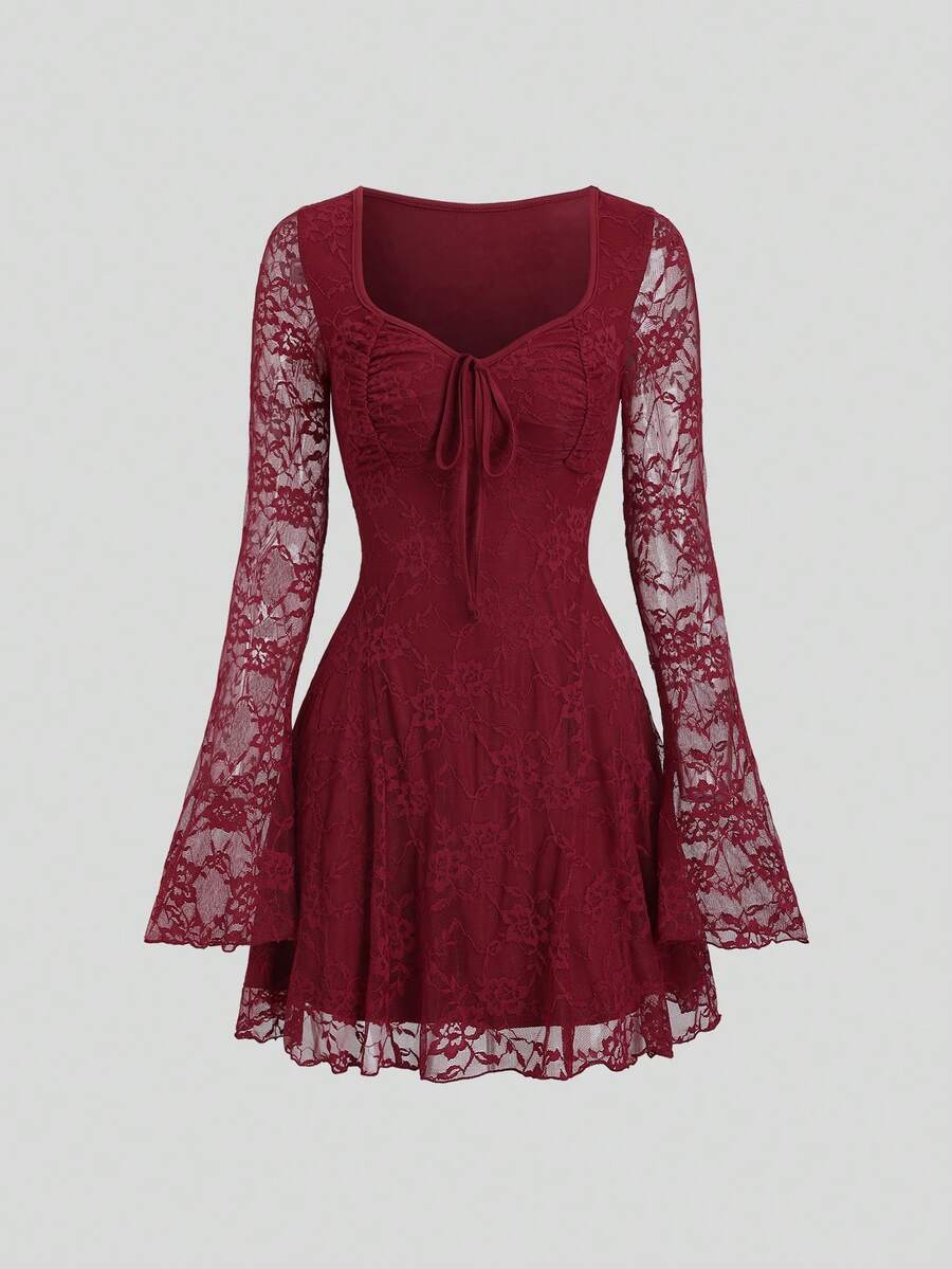 Sweetra Y2K Sexy Square Neck Pleated Flare Sleeve Versatile Commuter Dress, Christmas - Burgundy - View 1