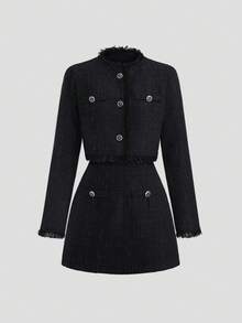 Sweetra 女式新款纯黑色无袖迷你连衣裙，收腰设计，适合外出、聚会、返校，搭配流苏边夹克，两件套，春/秋/冬 - 黑色 - 查看 6