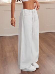 SHEIN PETITE 女士抽绳腰口袋阔腿宽松休闲牛仔裤四季洗白舒适休闲直筒牛仔裤 - 黑與白 - 查看 3