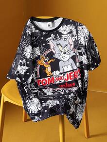 TOM & JERRY X SHEIN 大码休闲卡通图案圆领短袖T恤，夏季 - 黑色 - 查看 7