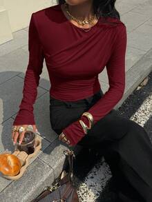 Siren Gaze 女式纯色多层荷叶边修身长袖 T 恤休闲上衣，秋季 - 酒紅色 - 查看 5
