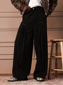 Loose Fit Smart Trousers With Double Pleats Wide Leg Dress Pants For Office Business Casual - Black - View 2