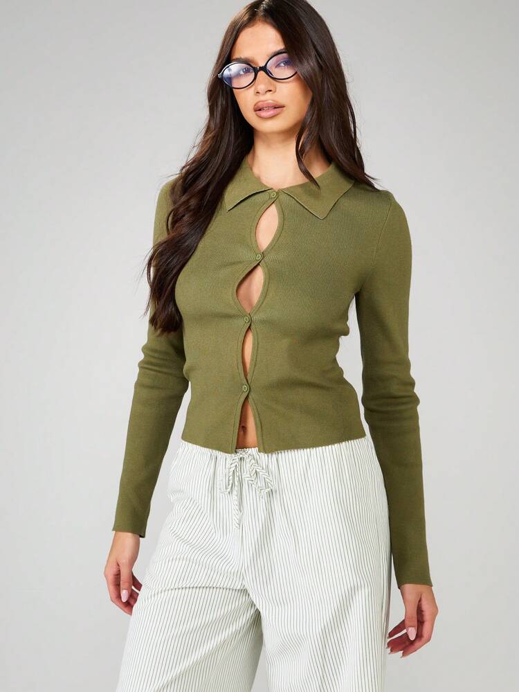 MISSGUIDED Collared Keyhole Cardigan Long Sleeve Ribbed Knit Button Front Fall Winter Casual Top Christmas