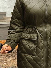 SHEIN EZwear Áo khoác parka dáng rộng, dài tay, có mũ trùm đầu, chất liệu tổng hợp, ấm áp, điều chỉnh eo, màu xanh quân đội, cỡ lớn. - xanh quân đội - Xem 6