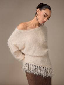 Modelyn Women's Off Shoulder Tassel Knit Sweater Top - Apricot - View 4