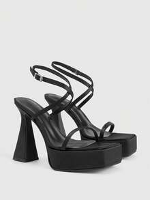 CUCCOO LuxiPop Zapatos de mujer de verano nuevos, de tacón grueso, estilo hada, con punta cuadrada, color negro, zapatos de fiesta de moda con tacón alto, sandalias de plataforma para usar en Halloween, Navidad, Año Nuevo y otras fiestas - Negro - Ver 2
