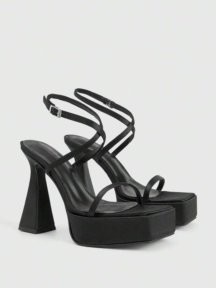 CUCCOO LuxiPop Women's Black Square Toe Waterproof Platform Thick Heel Sandals, Fashionable Elevated Stilettos For Parties, Halloween, Christmas, New Year
