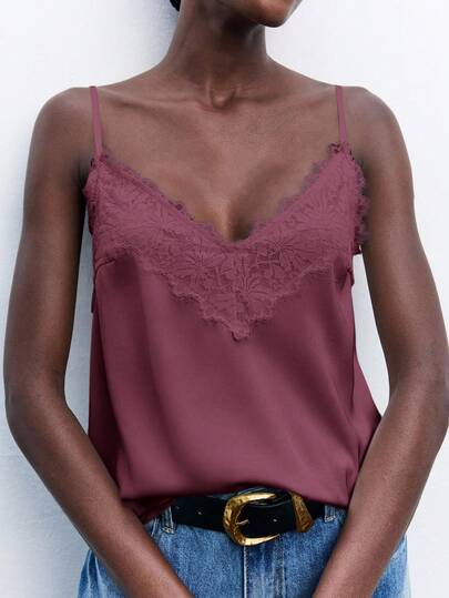 Maija Women's Contrast Lace Loose V-Neck Adjustable Spaghetti Strap Casual Vacation Cami Top, Suitable For Urban Commute, Business, Casual, Office Wear, Elegant For Party, New Year Gathering Lace Trim Cami Top Beach Holiday Vacation Summer Going Out Graduation