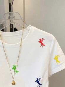 Franclia 女士休闲圆领短袖骑士刺绣T恤，百搭 - 白色 - 查看 4