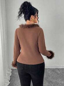 Modelyn Plus Size Elegant & Chic Fuzzy V-Neck Patchwork Flare Sleeve Casual Knit Pullover Top Versatile For Autumn/Winter - Coffee Brown - View 2