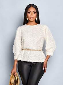 SOLERSUN Women's Crew Neck Textured Elegant Casual Stylish Blouse Ruched Sleeve Fall,Winter,Elegant,Daily Commuting,Going Out Fall - Apricot - View 1