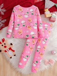Girls Gingerbread Man & Snowman Cartoon Print Long Sleeve Snug Fit Pajama Set