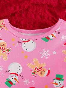 Girls Gingerbread Man & Snowman Cartoon Print Long Sleeve Snug Fit Pajama Set