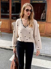 Serisse Women's Casual Colorblock Collar Heart Embroidery Sweater, Autumn/Winter New Year  ,Party,Christmas - Apricot - View 3