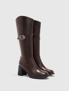 CUCCOO BIZCHIC Giày bốt cao đến gối thời trang dành cho nữ, thiết kế gót vuông, màu cà phê trơn, khóa kéo sau lưng với thiết kế nhiều quai, đa năng với váy, quần jean, áo khoác, phù hợp cho mùa thu/đông, trình diễn thời trang, đi làm, giày bốt cao cổ thời trang dành cho nữ - Cà phê nâu - Xem 6