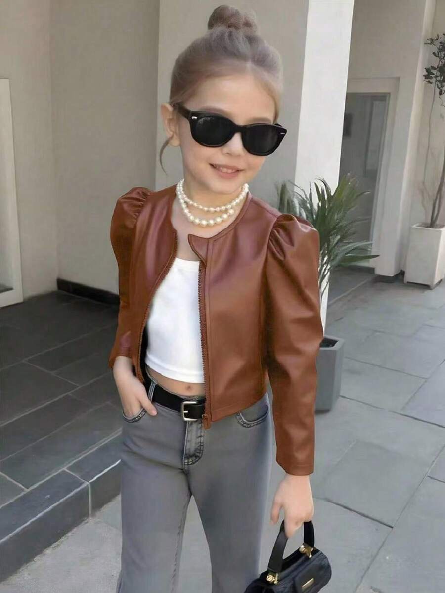 Tween Girl Casual PU Leather Zip-Up Round Neck Puff Sleeve Jacket, Autumn - Brown - View 1