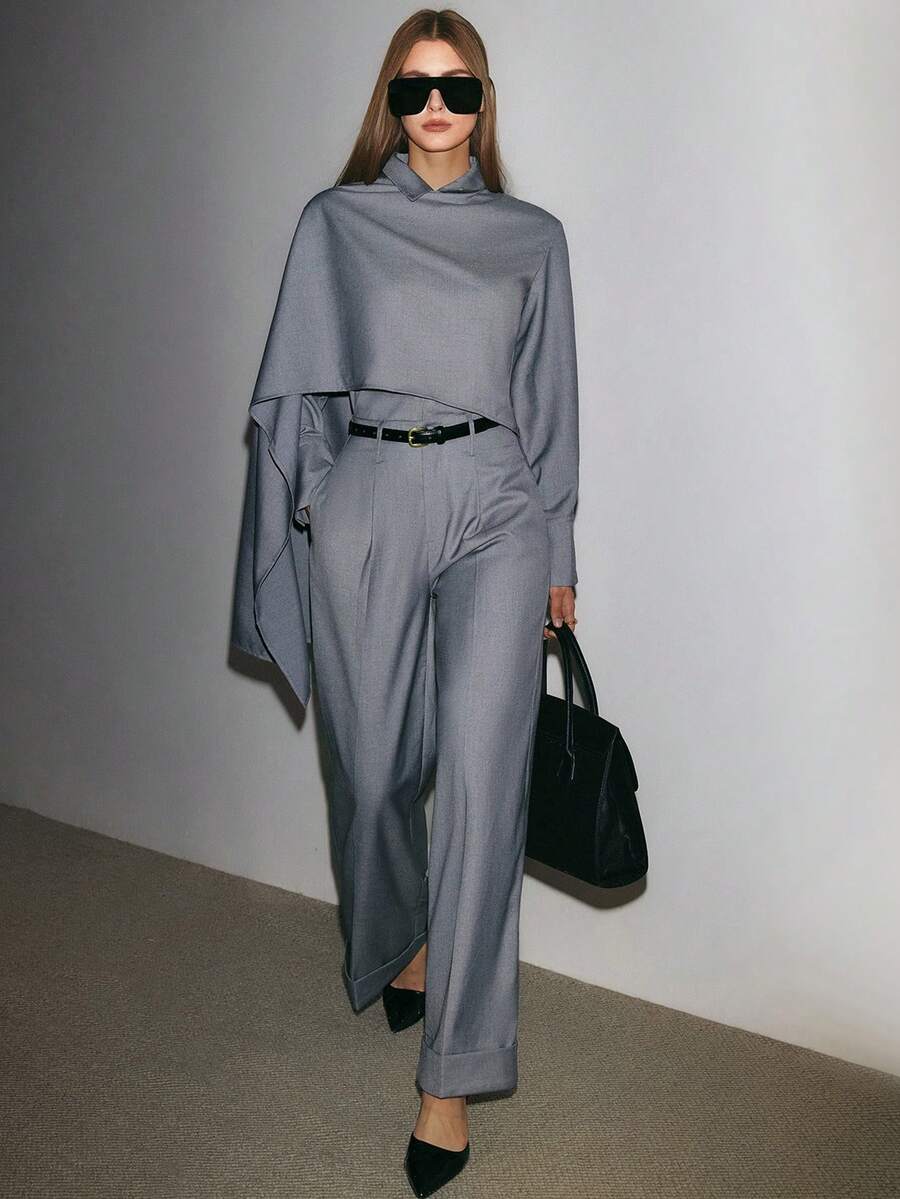 ATUI Studio 女式纯色斗篷袖上衣和裤子套装 - 灰色 - 查看 1