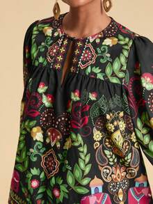 Travachic Women's Vacation Woven Floral Print Keyhole Neck Lantern Sleeve Blouse, Autumn Winter Women, Christmas Party Clothes, New Year Look, Thanksgiving Outfits, Elegant Blouse, Luxury Outfits