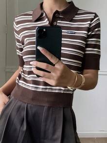 DAZY Áo len dệt kim kẻ sọc dáng rộng thoải mái cho nữ, thời trang cho năm mới, Giáng sinh, đám cưới, mùa thu/đông - màu nâu - Xem 3