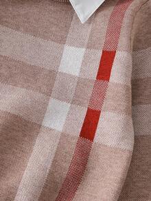 2 件儿童英伦风格针织套装，男童格子毛衣配衬衫领，加厚裤子套装，秋冬学院风 - 駝色 - 查看 5