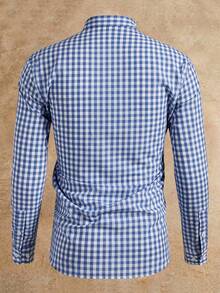HIMLAND 男士休闲单排扣格子衬衫，适合通勤、秋季穿着，长袖上衣 - 藍色 - 查看 2