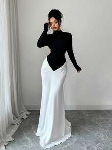 Rafferiza 女式拼色纹理立领短款腰部鱼尾下摆长袖连衣裙 - 黑與白 - 查看 6