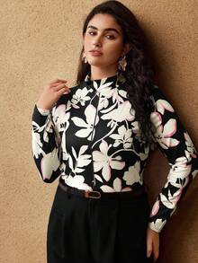 MOTF PREMIUM PLUS FLORAL PRINT MOCK NECK LONG SLEEVE T-SHIRT - Black - View 6