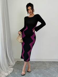 Elenzga Women's Contrast Color Pattern Flare Sleeve Fitted Knit Dress - Purple - View 6