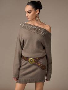 Modelyn Women's Off Shoulder Pearl Embroidered Knit Dress Winter Dress - Army Green - View 6