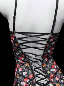 Spicy Aura 2pcs Women's Sexy Lingerie Set: Classic Lace Spaghetti Strap Dress With Backless Tie-Up Design + G-String, Mature & Minimalist Christmas - Multicolor - View 8