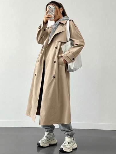 SHEIN EZwear 大码女式纯色翻领长袖双排扣休闲长款风衣，秋冬款