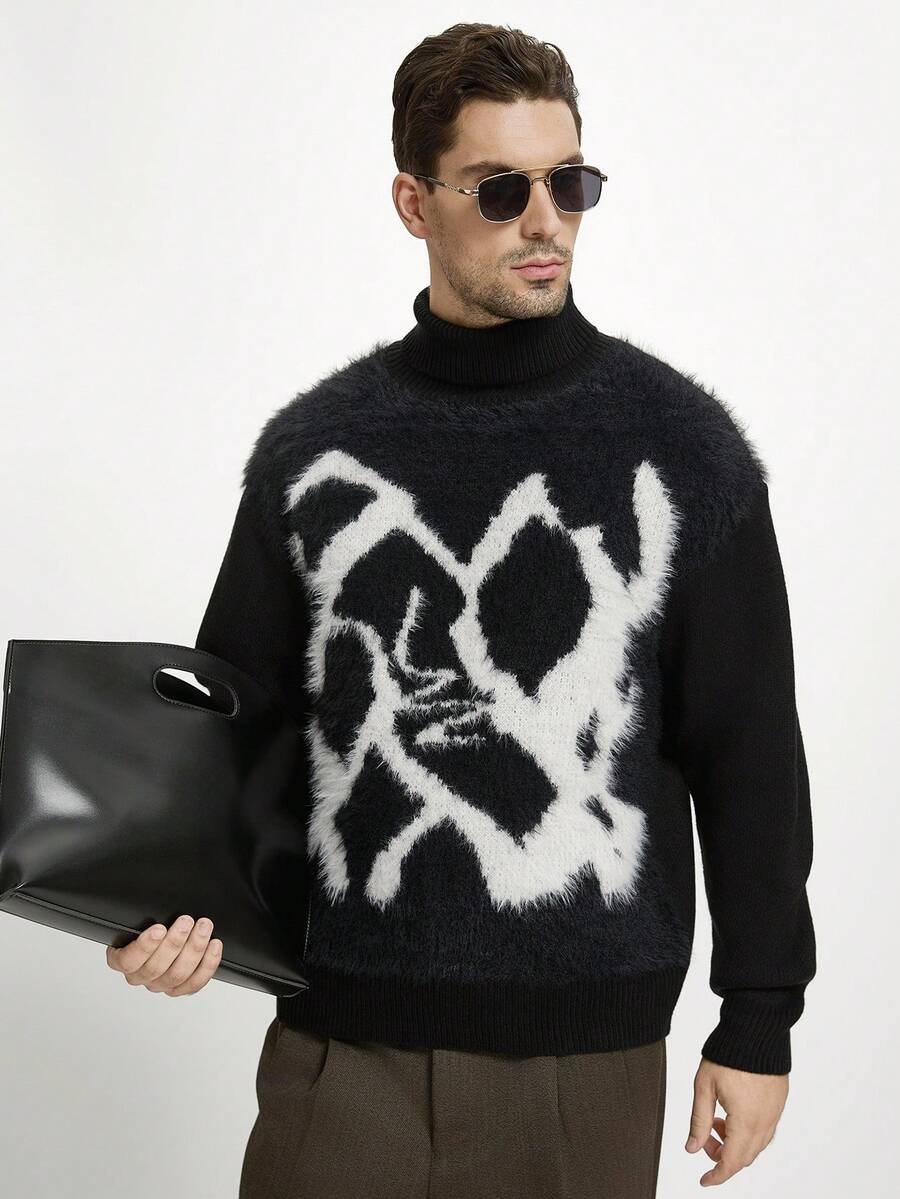 Manfinity Homme Jersey de cuello alto con patrón de bloques de color casual para hombre, otoño/invierno - Negro - Ver 1