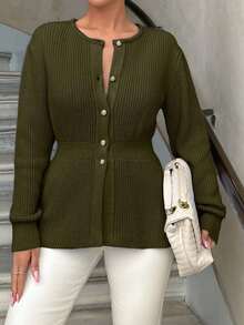 EURMUSE Knitwear Peplum Hem Cardigan With Fancy Buttons - Army Green - View 2