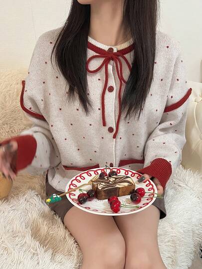 FRIFUL Women's Contrast Color Drop Shoulder Long Sleeve Drawstring Neck Loose Casual Cardigan, Versatile For Autumn/Winter,New Year,Christmas