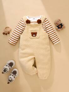 SHEIN Toddler Boys Cute Bear Jumpsuit Long Pants + Long Sleeve T-Shirt Set, Back To School Outfit For Autumn/Winter - Apricot - View 2