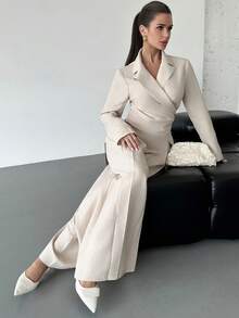 Firerie 女士休闲优雅收腰阔腿裤和长袖西装外套，米色仿亚麻纹理面料/褶皱阔腿裤/适合通勤/舒适的女士秋冬装/女士秋冬裤/新年/老款风格穿搭/休闲装 - 杏色 - 查看 4
