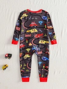 Infant/Toddler Boys' Snug Fit Soft Ribbed Knit Full Zip Front Cartoon Car Trim Cuffs & Ankles Long Pants Romper - Red - View 2