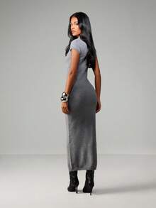 MISSGUIDED Ribbed Knit Maxi Dress With Cap Sleeves And High Neckline For Fall Winter - Dark Grey - View 2