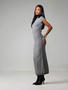 MISSGUIDED Ribbed Knit Maxi Dress With Cap Sleeves And High Neckline For Fall Winter - Dark Grey - View 4