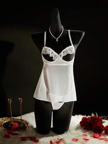 SpicyHot 2pcs/Set Sexy Lace Patchwork Backless Nightgown - White - View 6