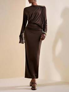 Zivah 20  New Autumn And Winter Styles Casual, Daily, Date, Commuter, Business Lady, Elegant Beach, Cruise, Party, Simple, Internet Celebrity Hit, High-End Party, Round Neck, Hip Pleated, Single Shoulder - Brown - View 4