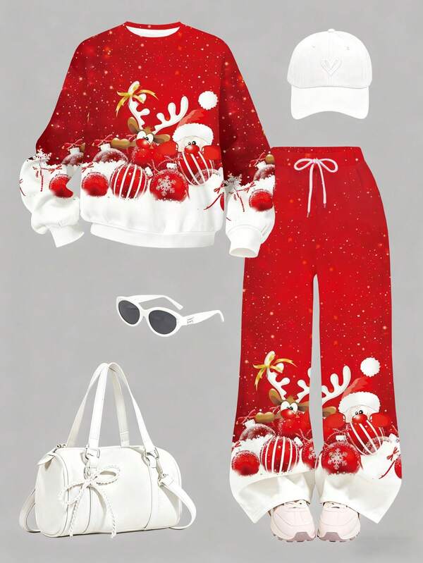 EMERY ROSE Women's Reindeer & Santa Claus Allover Print Knit Loose Drop Shoulder Long Sleeve Sweatshirt And Wide Leg Pants Set, Autumn/Winter Christmas