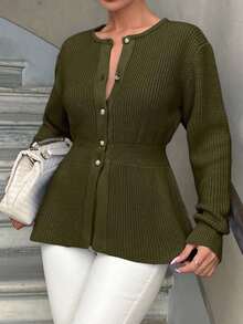 EURMUSE Knitwear Peplum Hem Cardigan With Fancy Buttons - Army Green - View 6